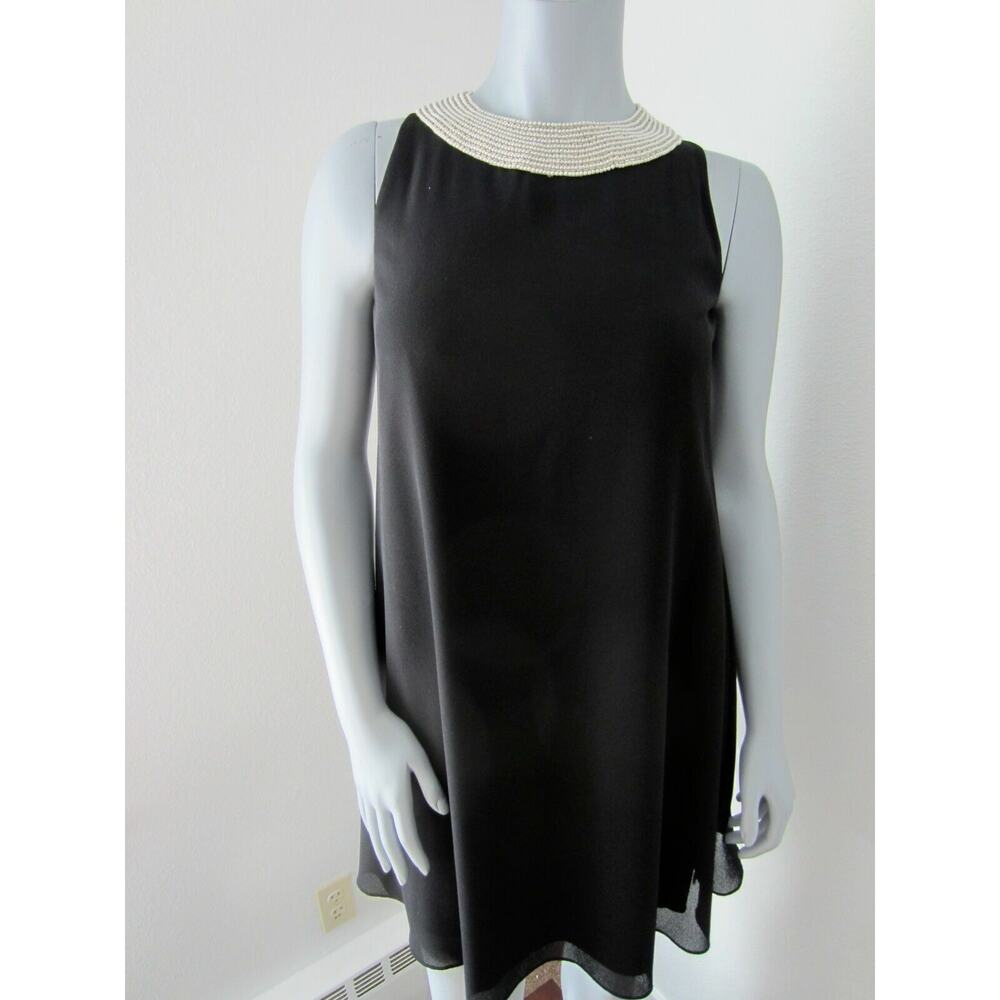 Vtg Retro 60s Style Black Chiffon Wide Pearl Choker Mini Swing Party Dress 8